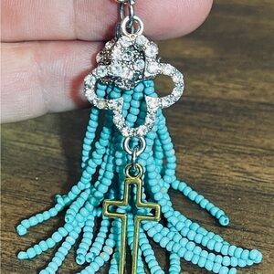 Elegant Turquoise Beaded Key Holder with Cross Charm